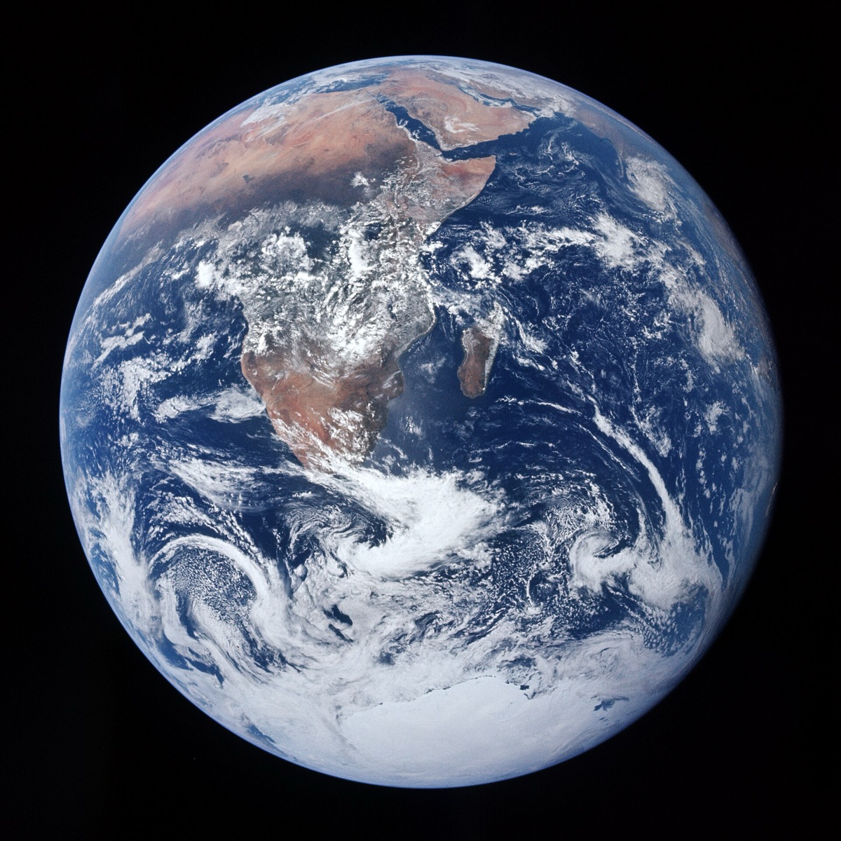 The Earth seen from space, fully lit, with Africa, Antarctica and the Indian Ocean visible.